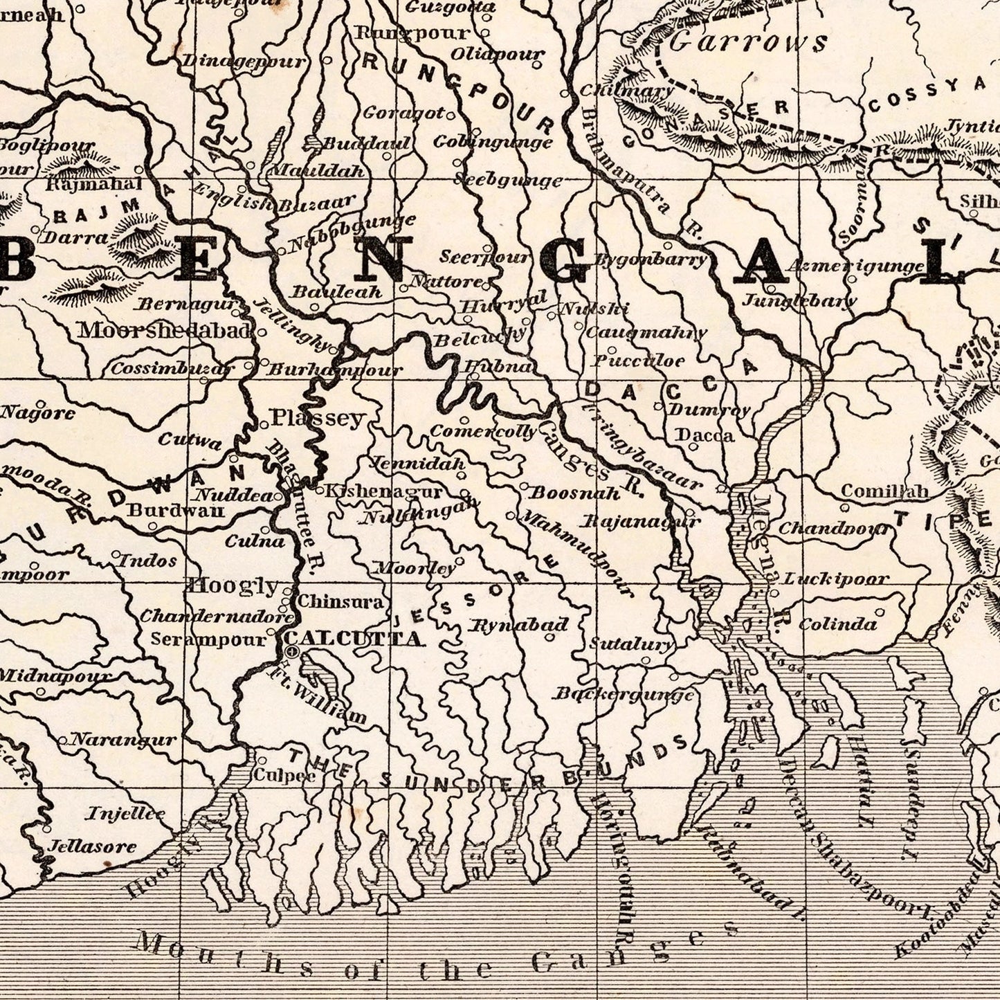 Vintage Map of Bengal, India, 1848