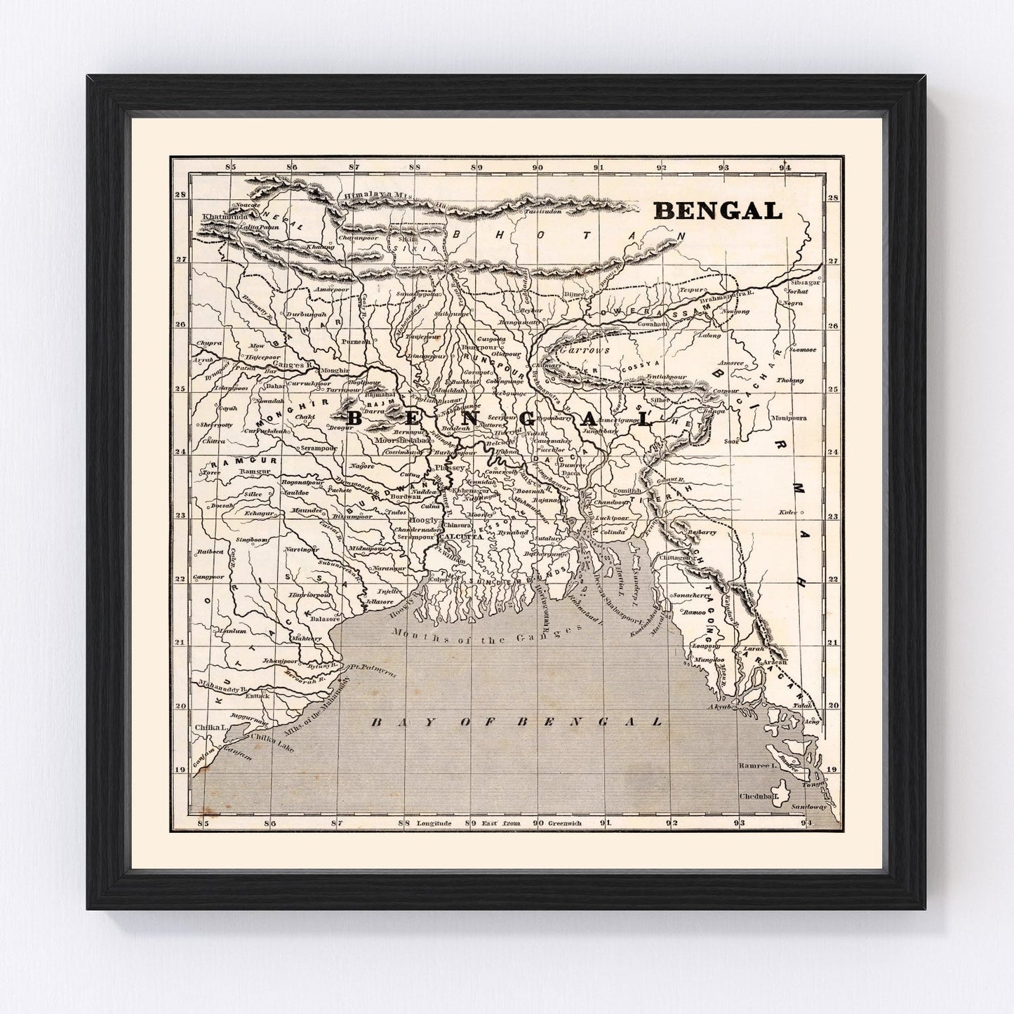 Vintage map of Bengal, India, 1848