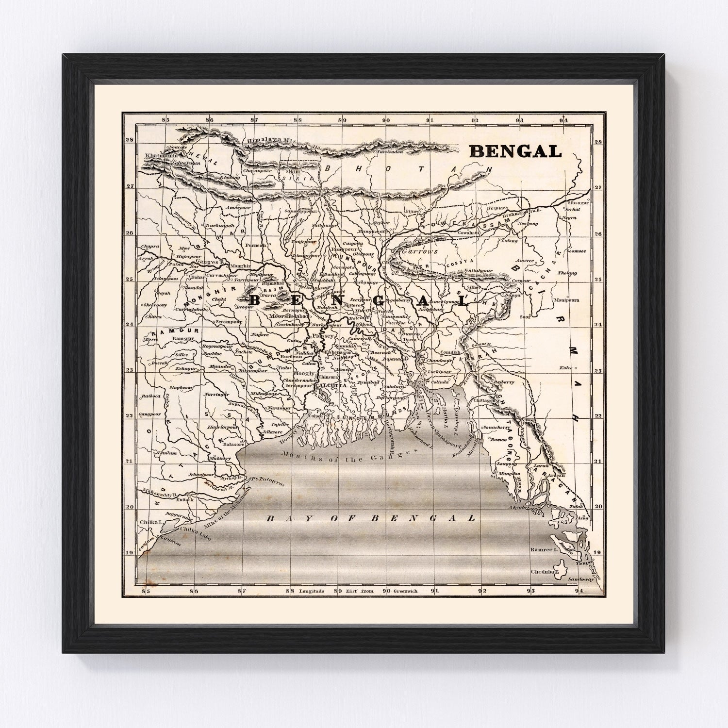 Vintage map of Bengal, India, 1848