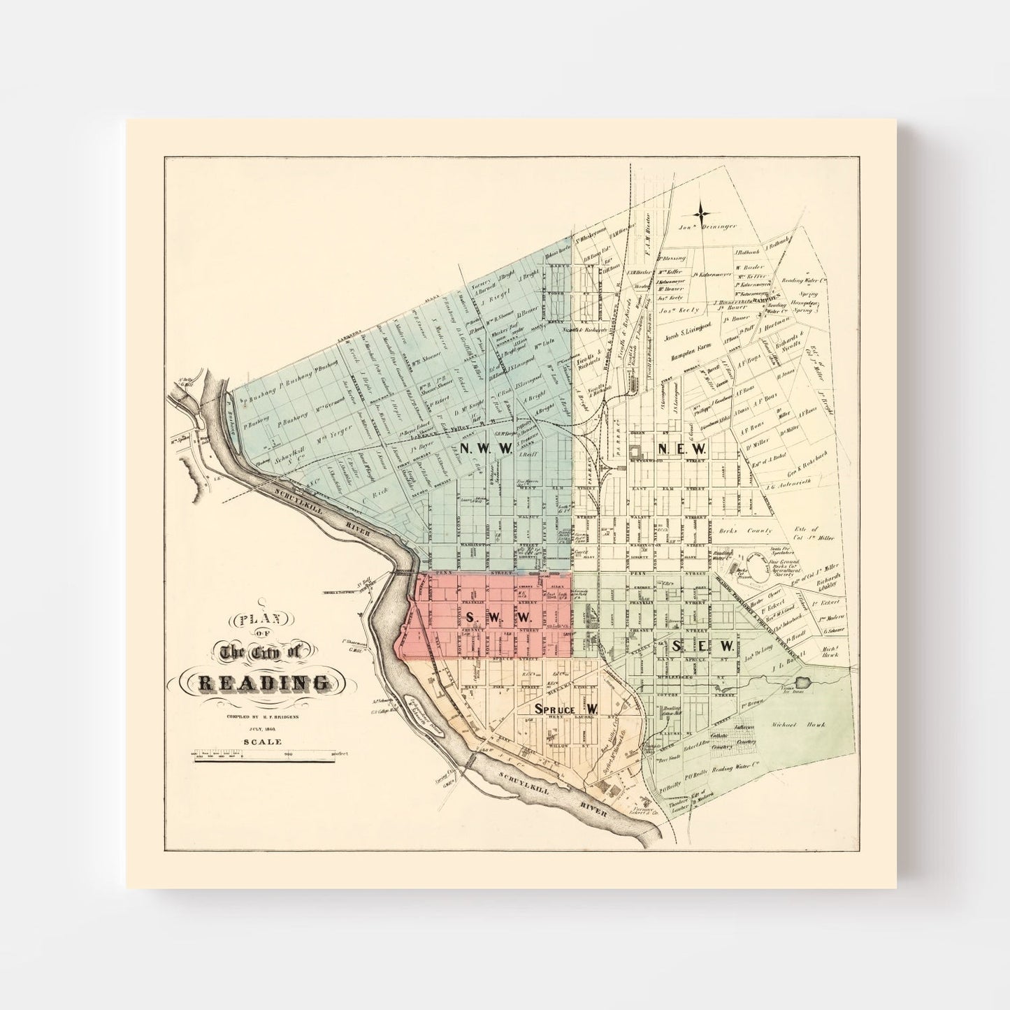 Vintage Map of Reading, Berks County, Pennsylvania, 1860