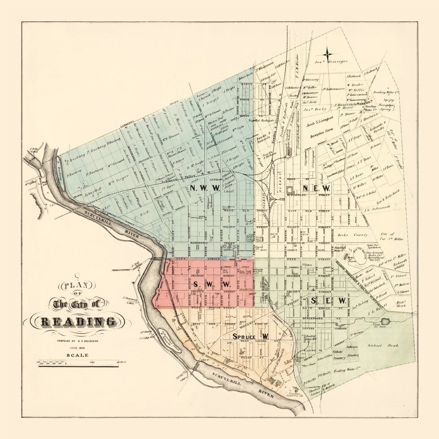 Vintage Map of Reading, Berks County, Pennsylvania, 1860