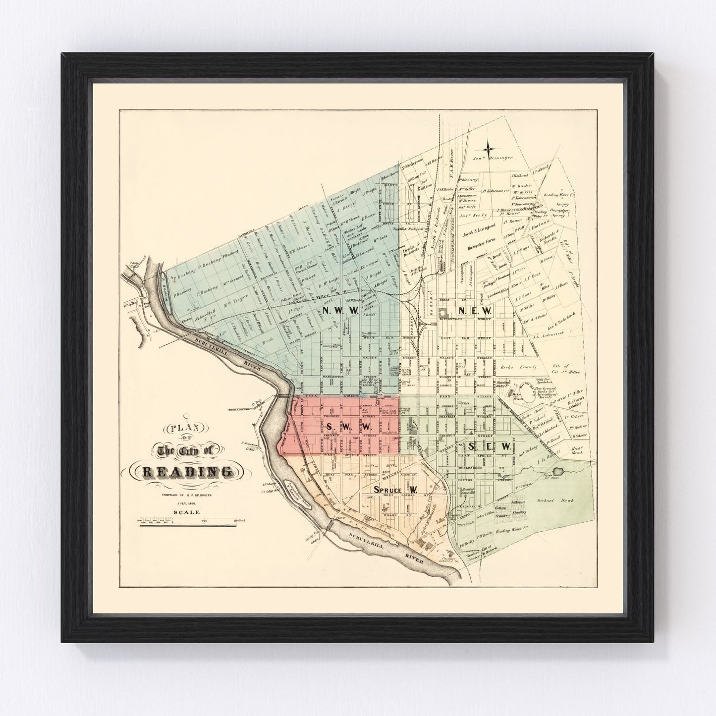 Vintage map of Reading, Pennsylvania, 1860