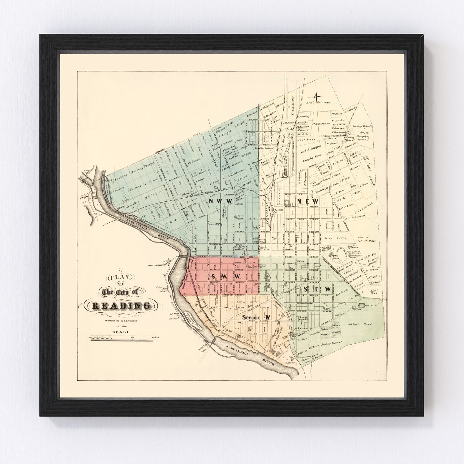 Vintage map of Reading, Pennsylvania, 1860