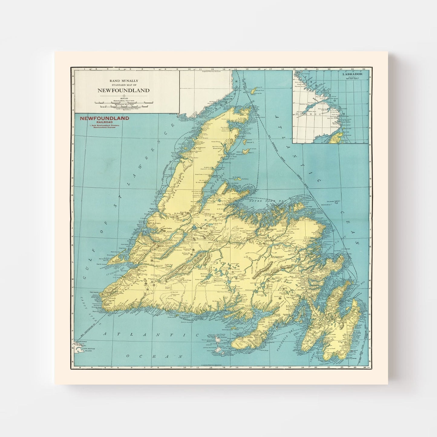 Vintage Map of Newfoundland, Canada, 1924