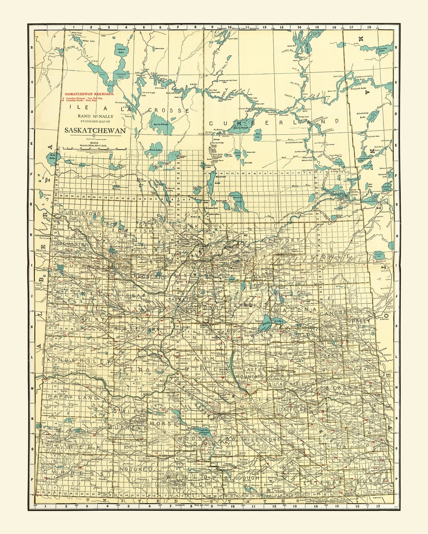 Vintage Map of Saskatchewan, Canada, 1924