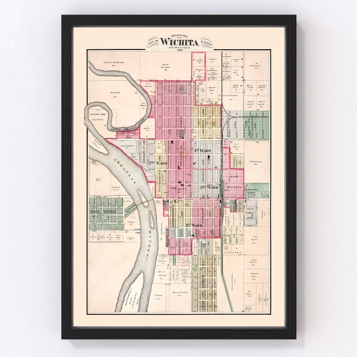 Vintage map of Wichita, Kansas, 1882, cattle drive city and Arkansas River