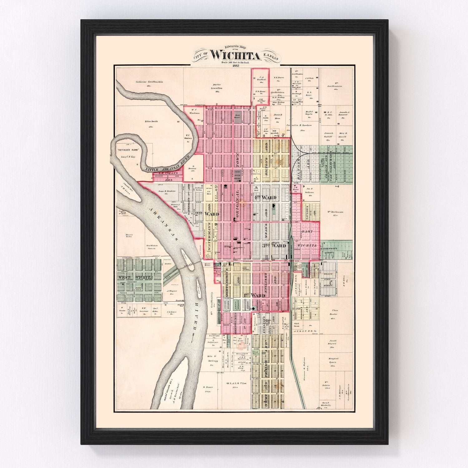 Vintage map of Wichita, Kansas, 1882, cattle drive city and Arkansas River