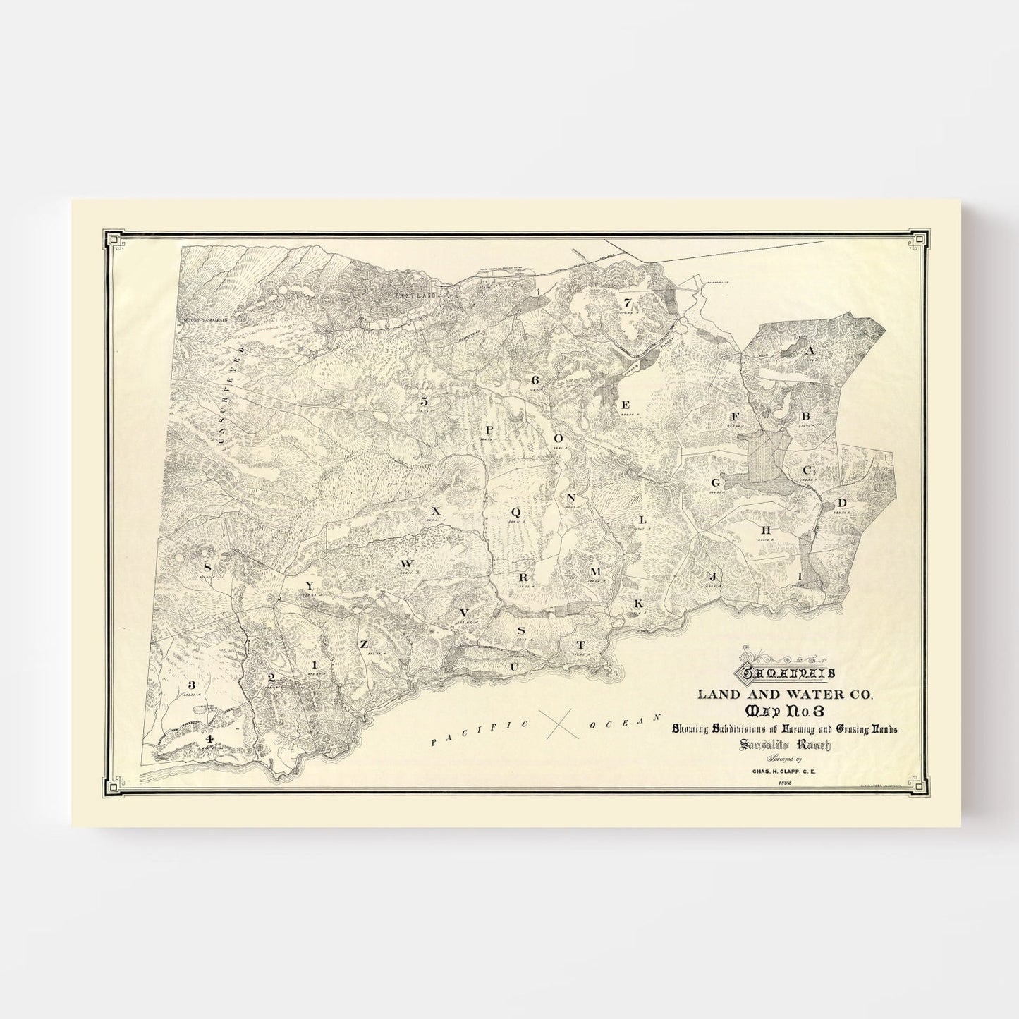Vintage Map of Mount Tamalpais, California, 1892