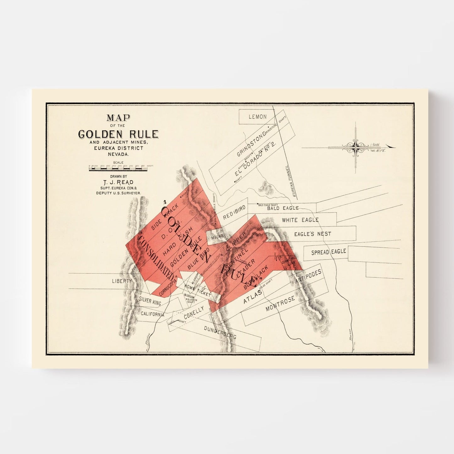 Vintage Map of the Gold Rule Mine, Nevada, 1865