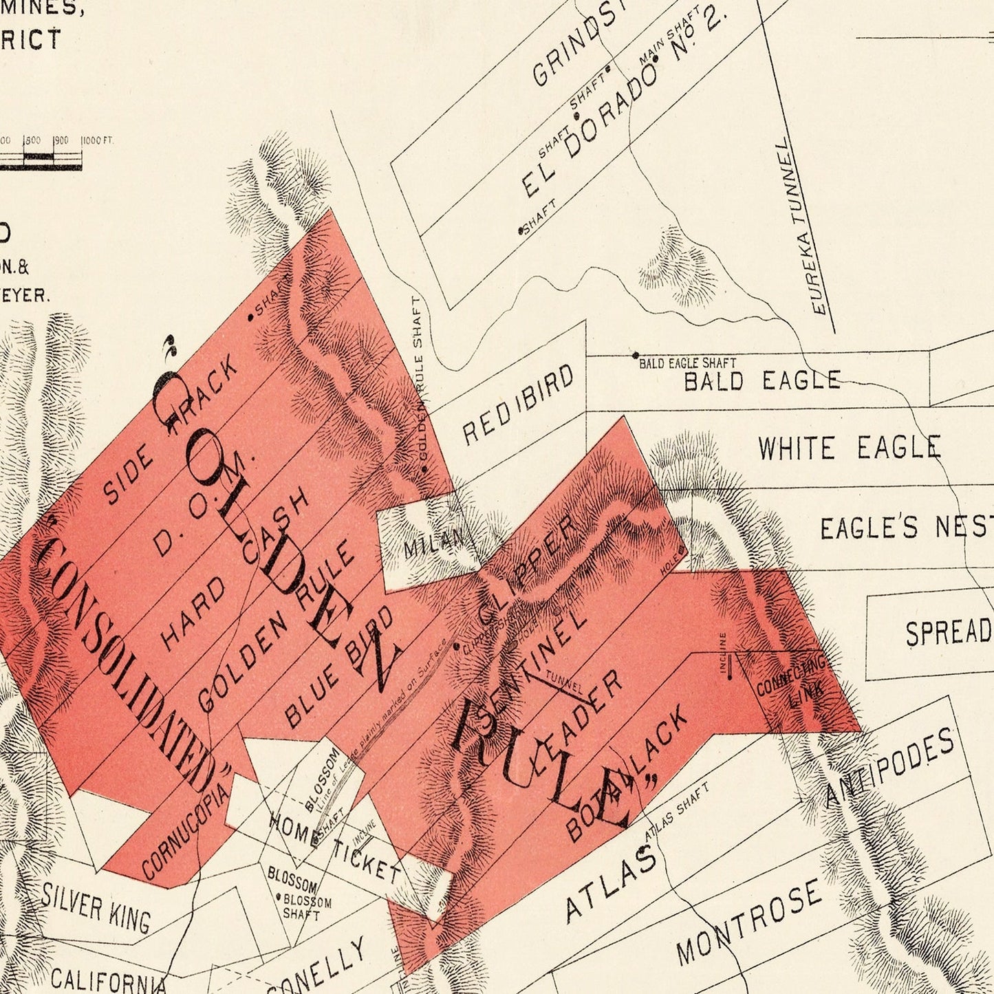 Vintage Map of the Gold Rule Mine, Nevada, 1865