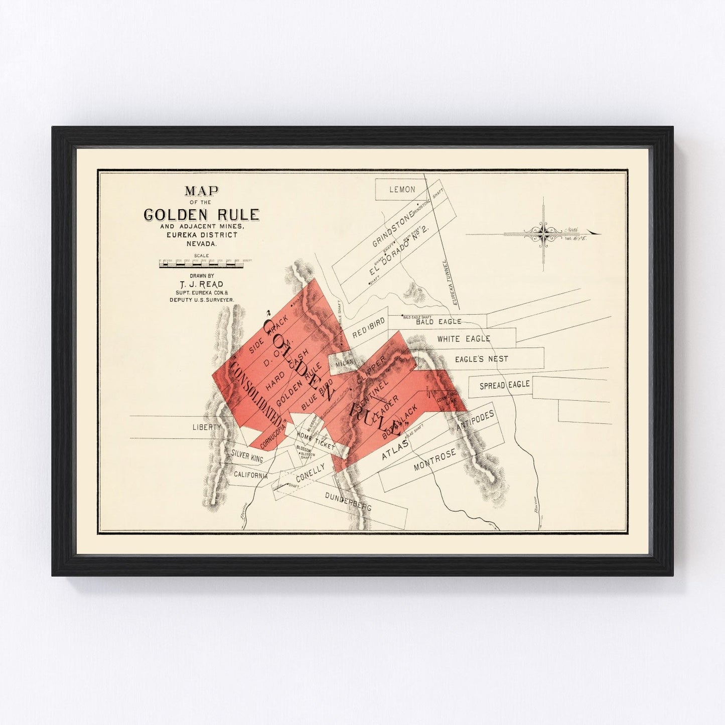 vintage map of the Gold Rule Mine, Nevada, 1865