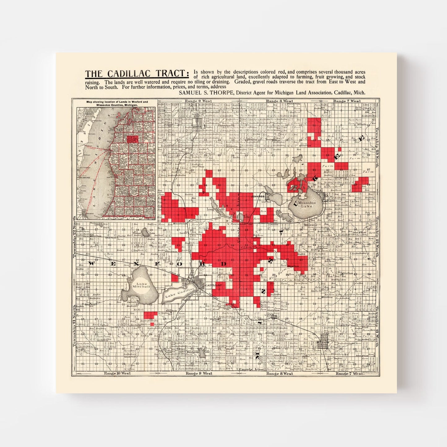 Vintage Map of Cadillac, Michigan, 1900 Wall Art