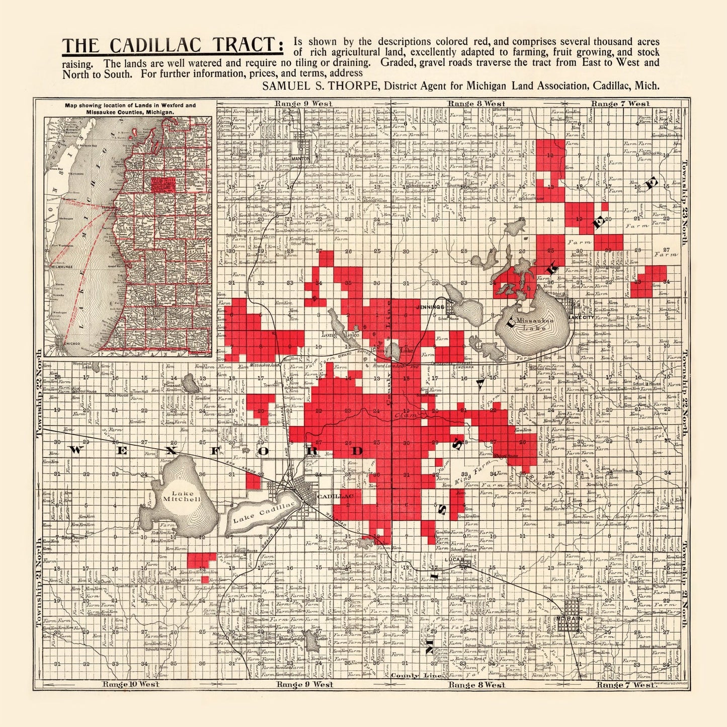 Vintage Map of Cadillac, Michigan, 1900 Wall Art