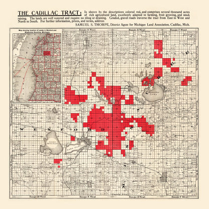 Vintage Map of Cadillac, Michigan, 1900 Wall Art