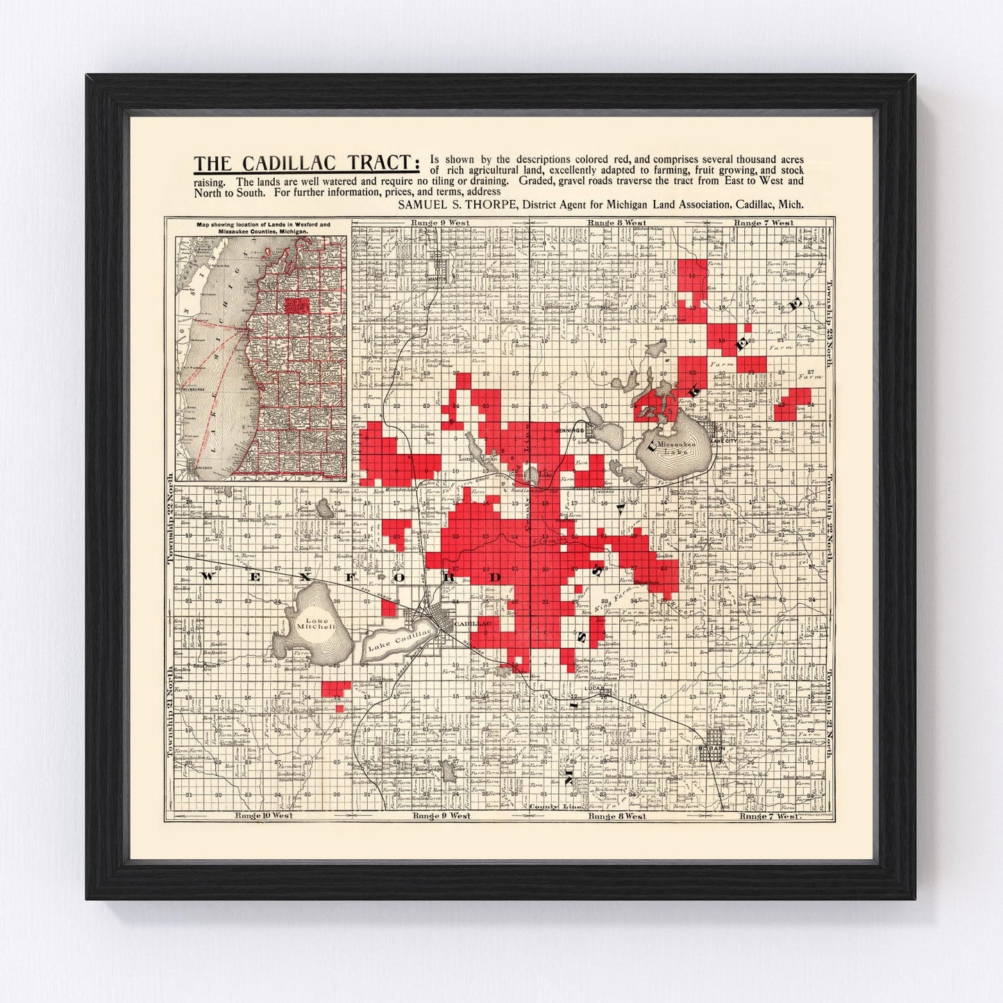 Vintage map of Cadillac, Michigan, 1900, digitally restored