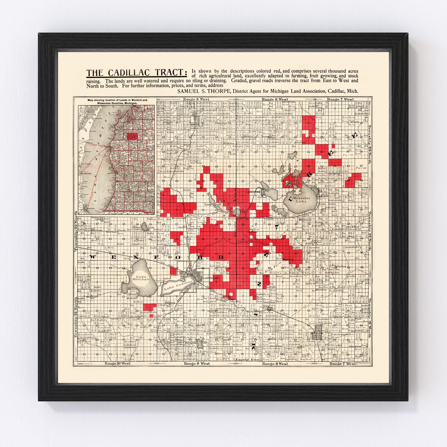 Vintage map of Cadillac, Michigan, 1900, digitally restored
