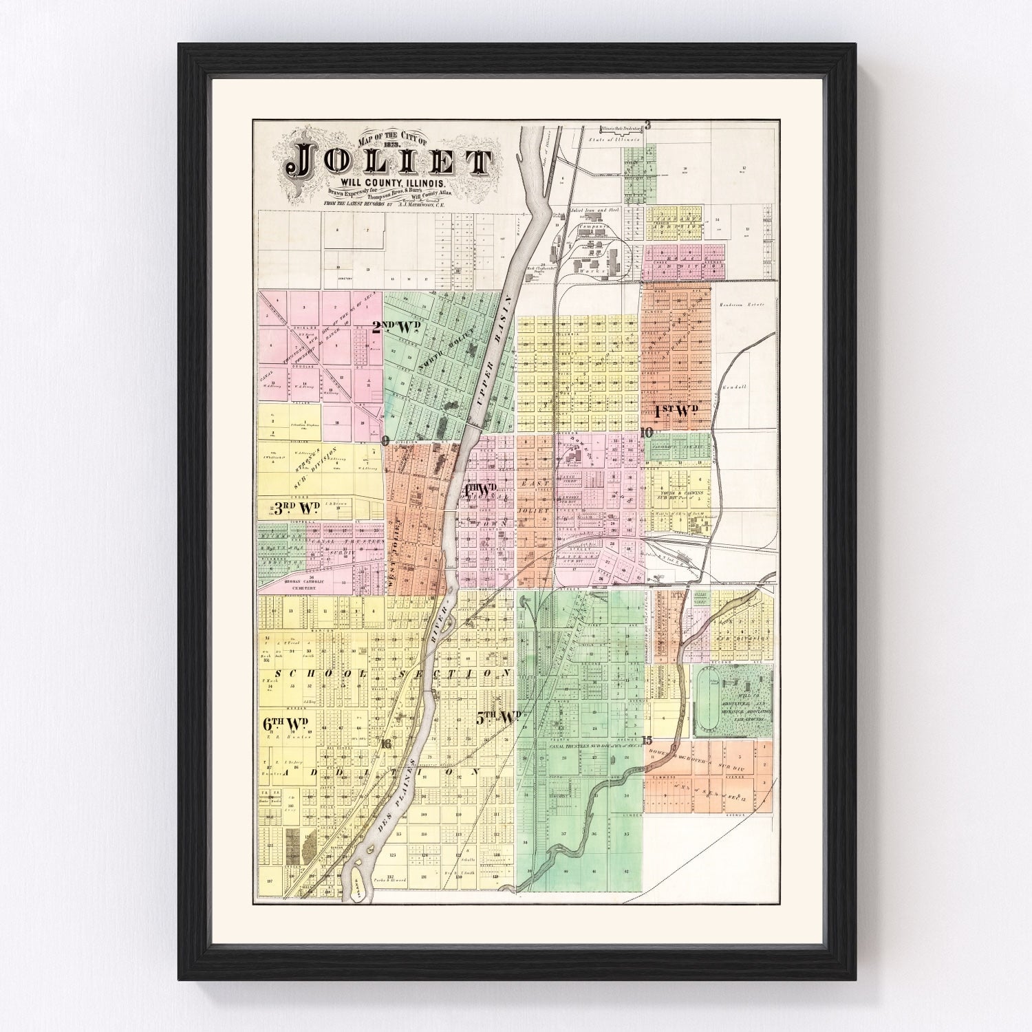 Vintage map of Will County, Illinois, 1873, post-Civil War era county layout