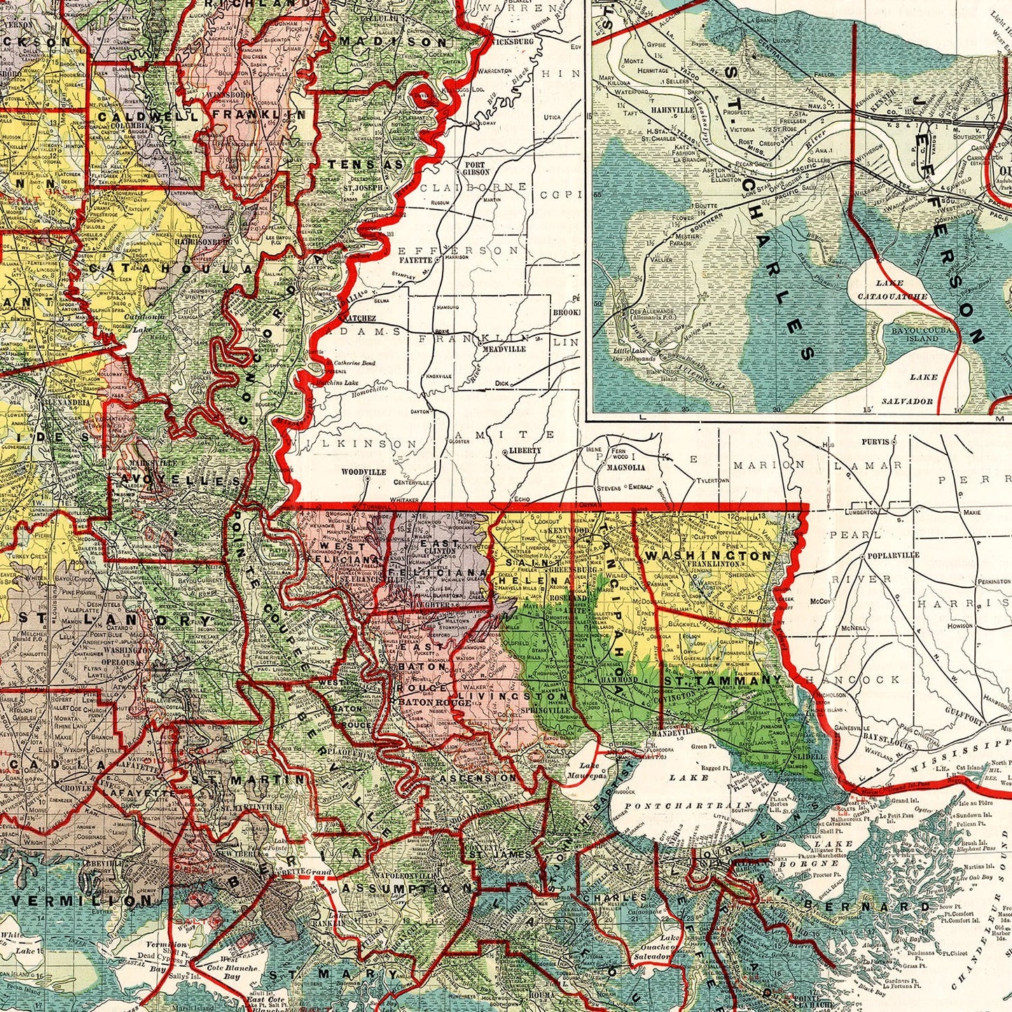 Vintage Map of Louisiana, 1908
