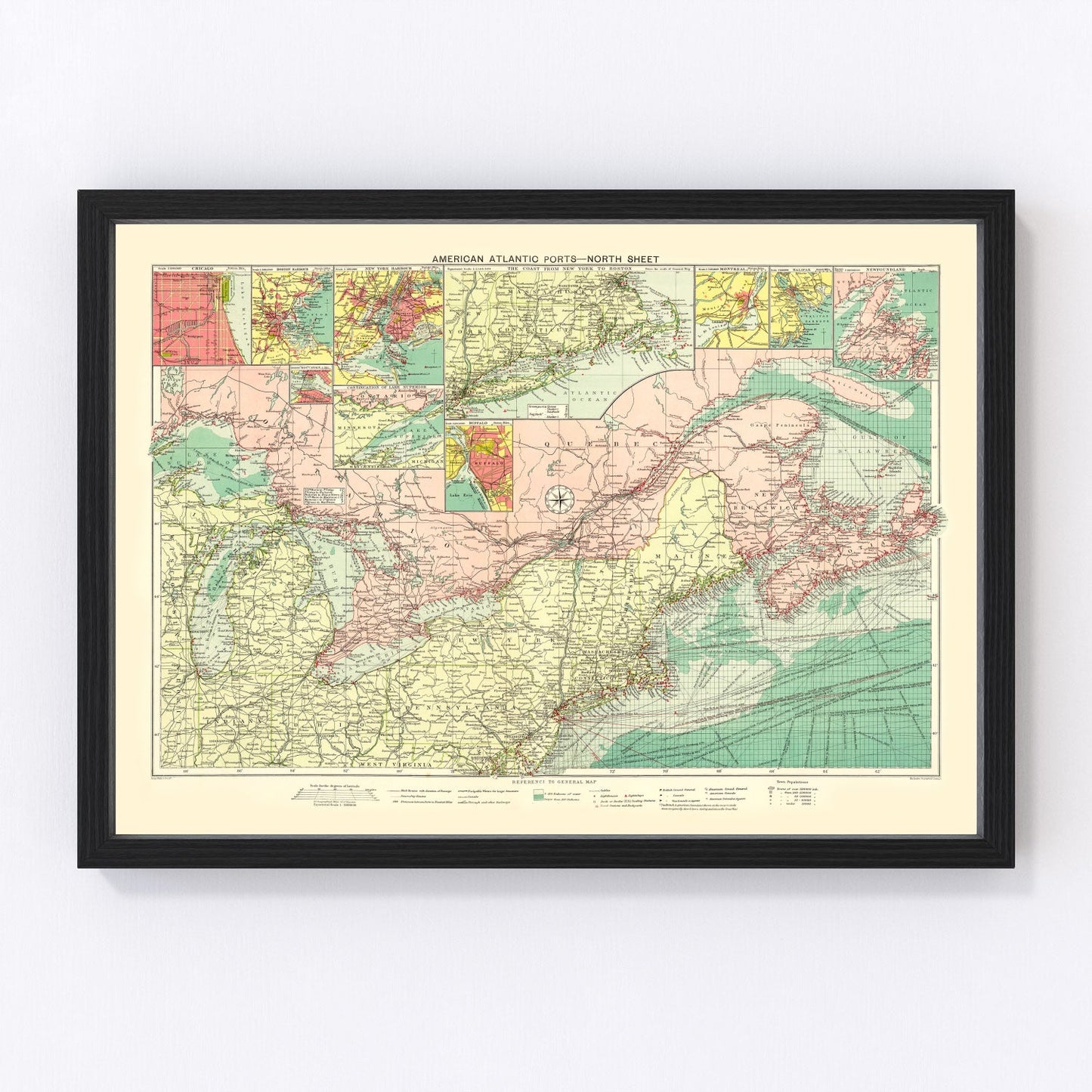 Vintage map of American Atlantic Ports, 1922 - nautical chart restored print