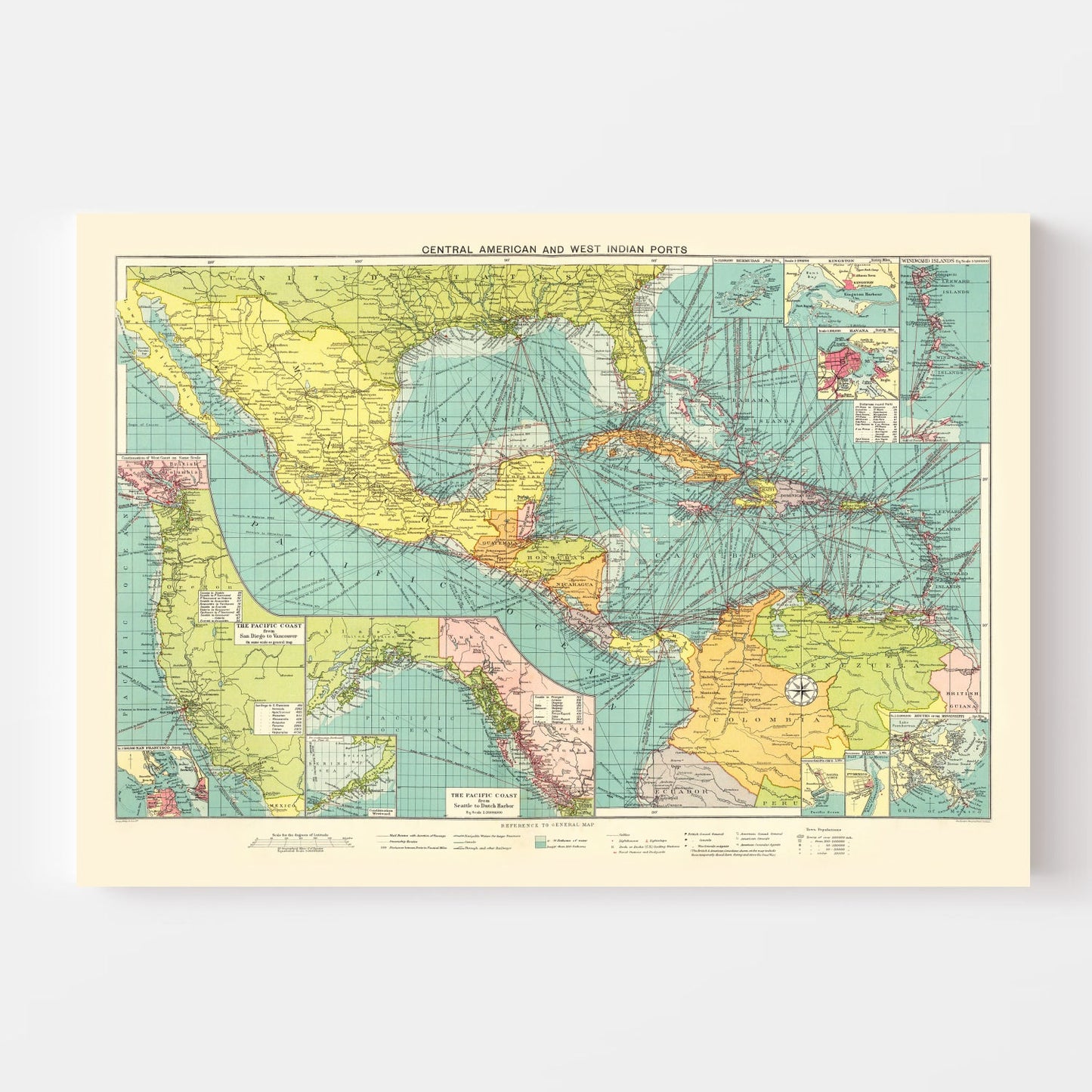 Vintage Map of Central American and West Indies Ports, 1922