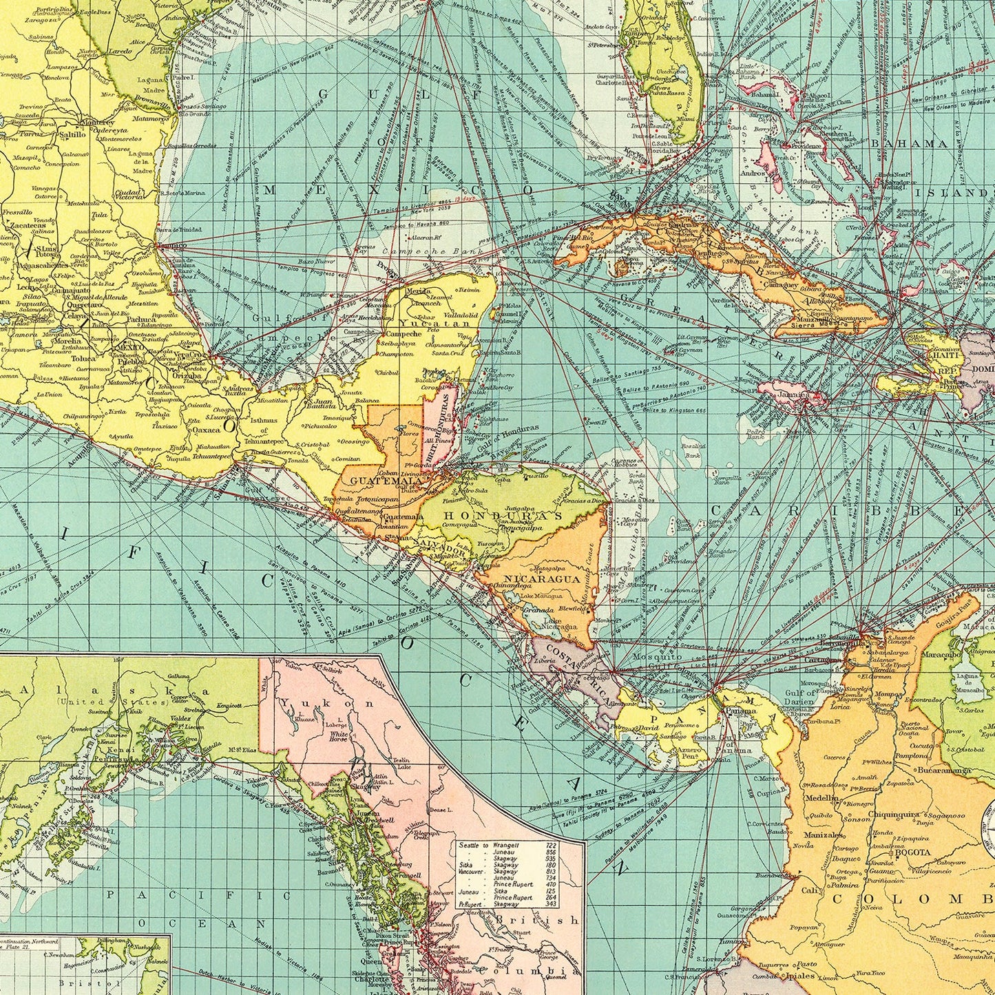 Vintage Map of Central American and West Indies Ports, 1922