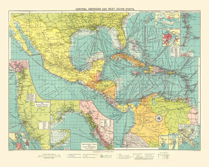 Vintage Map of Central American and West Indies Ports, 1922