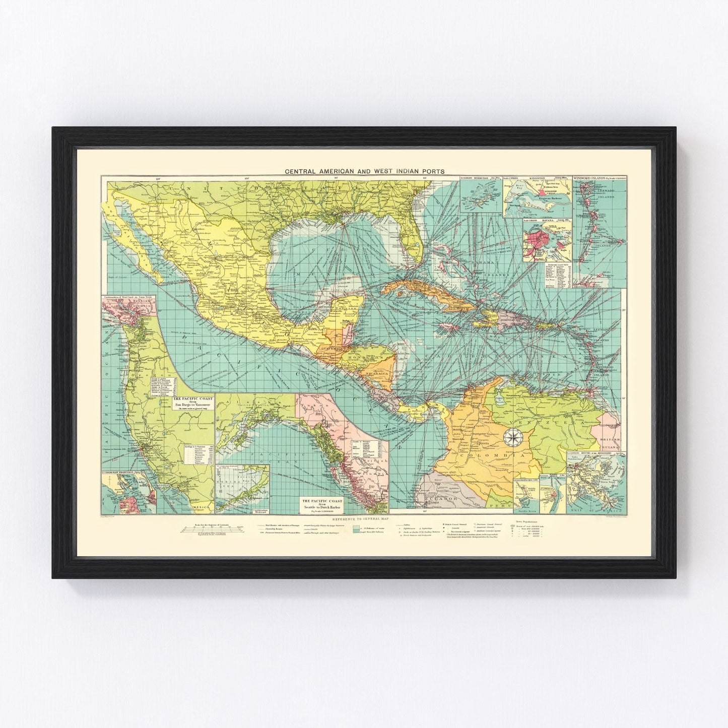 Vintage map of Central American and West Indies ports, 1922, digitally restored antique cartographic print
