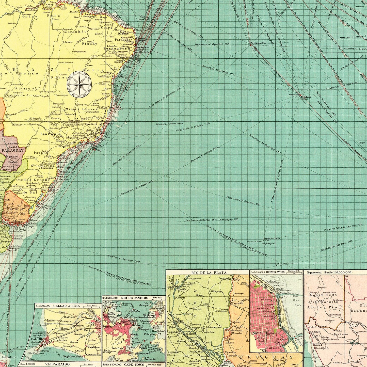 Vintage Map of the South Atlantic Ocean, 1922