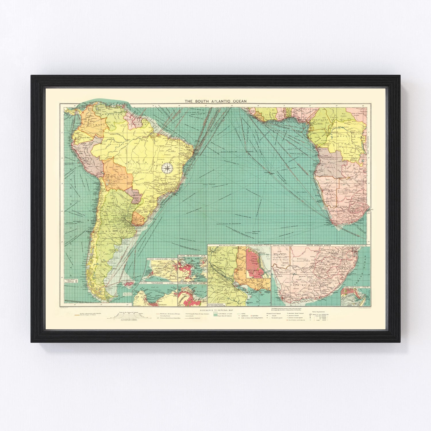 Vintage 1922 map of the South Atlantic Ocean wall art