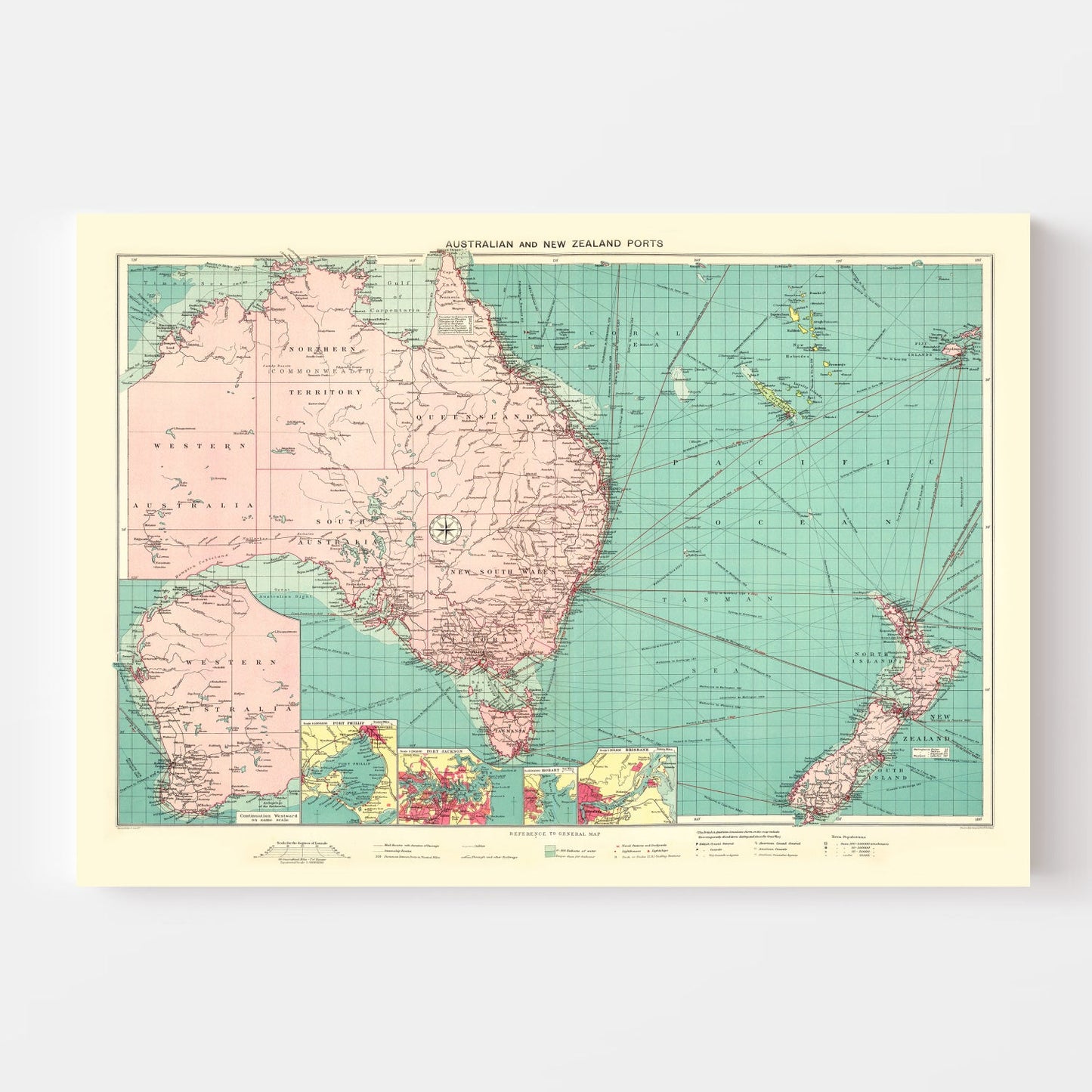 Vintage Map of Australia and New Zealand Ports, 1922