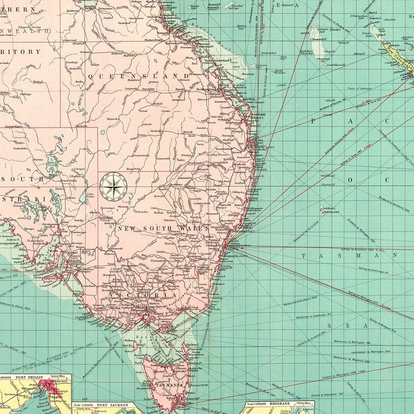 Vintage Map of Australia and New Zealand Ports, 1922