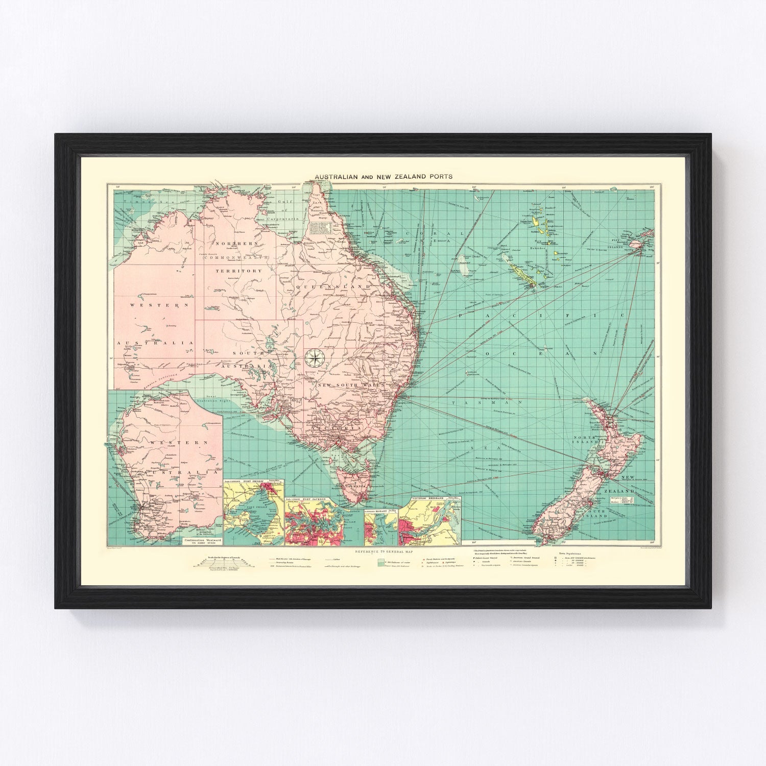 Vintage nautical map of Australia and New Zealand ports, 1922