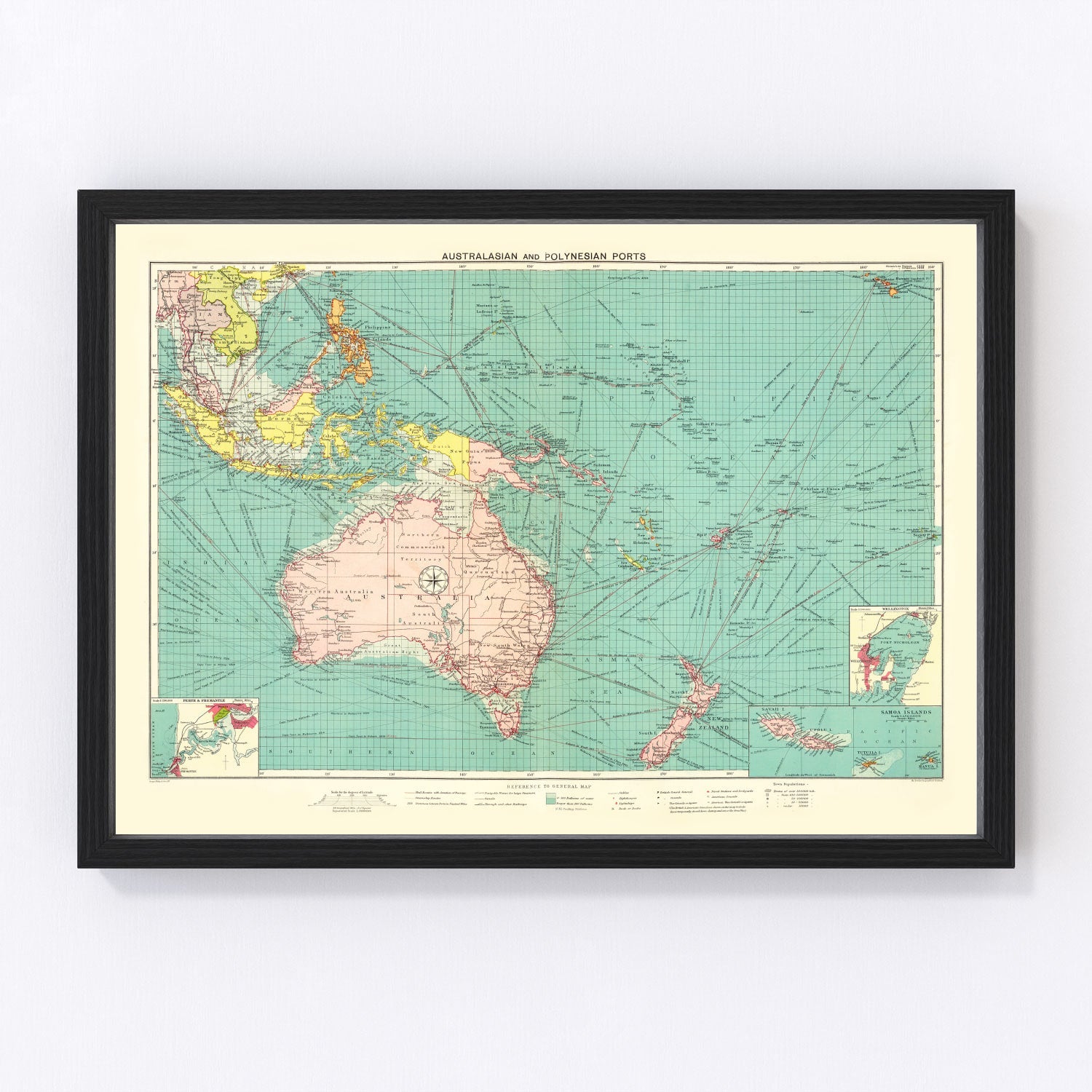 Vintage map of Australasian and Polynesian ports, Pacific harbors, 1922