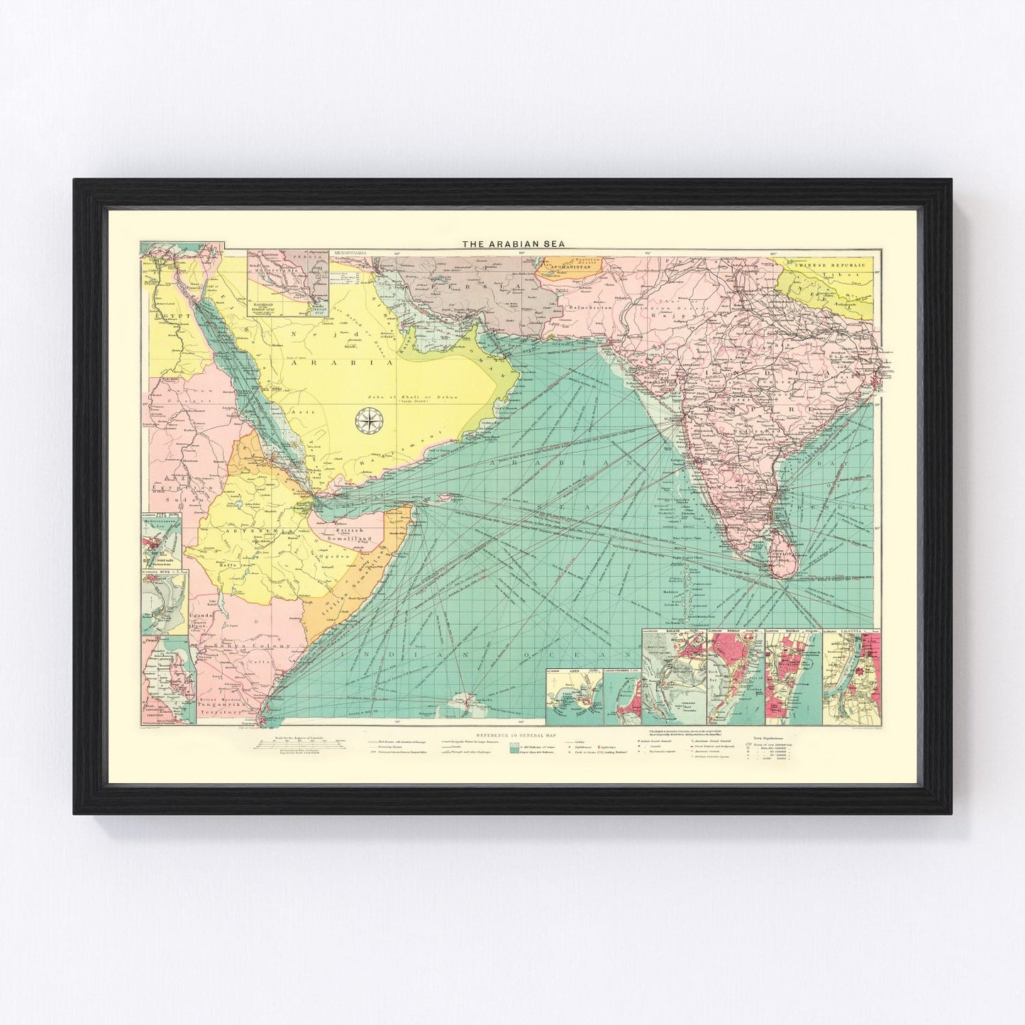 Vintage map of the Arabian Sea shipping lanes and coastlines, 1922