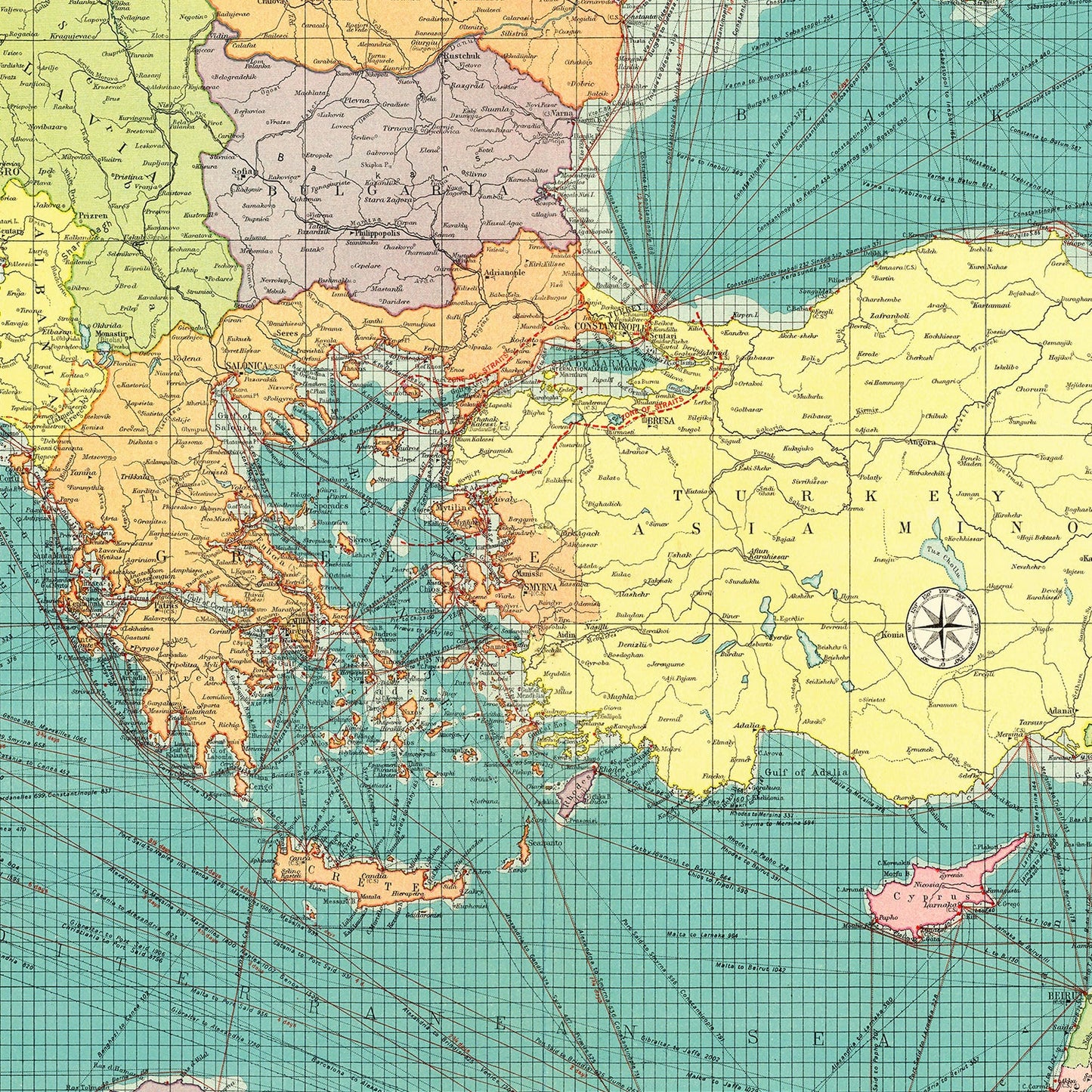 Vintage Map of the Eastern Mediterranean Sea, 1922