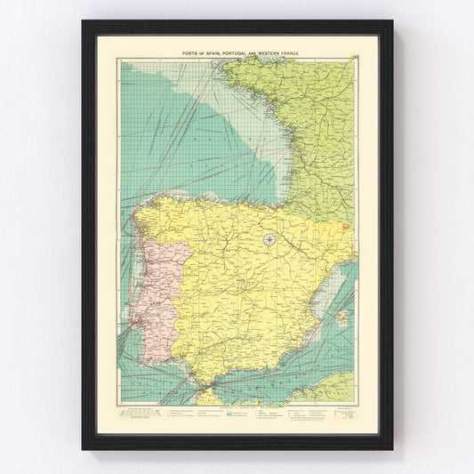 Vintage map of ports of Spain and Portugal, 1922