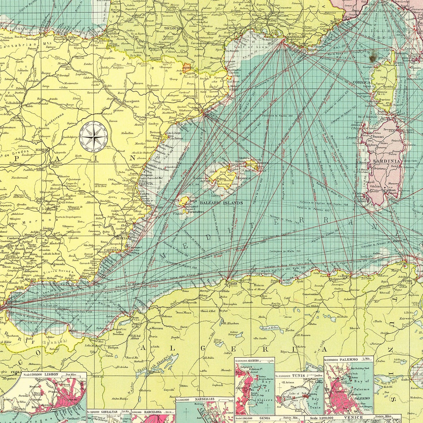Vintage Map of the Western Mediterranean Sea 1922