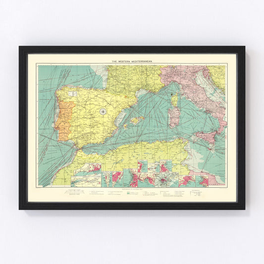 Vintage map of the Western Mediterranean Sea, 1922 - nautical restored print