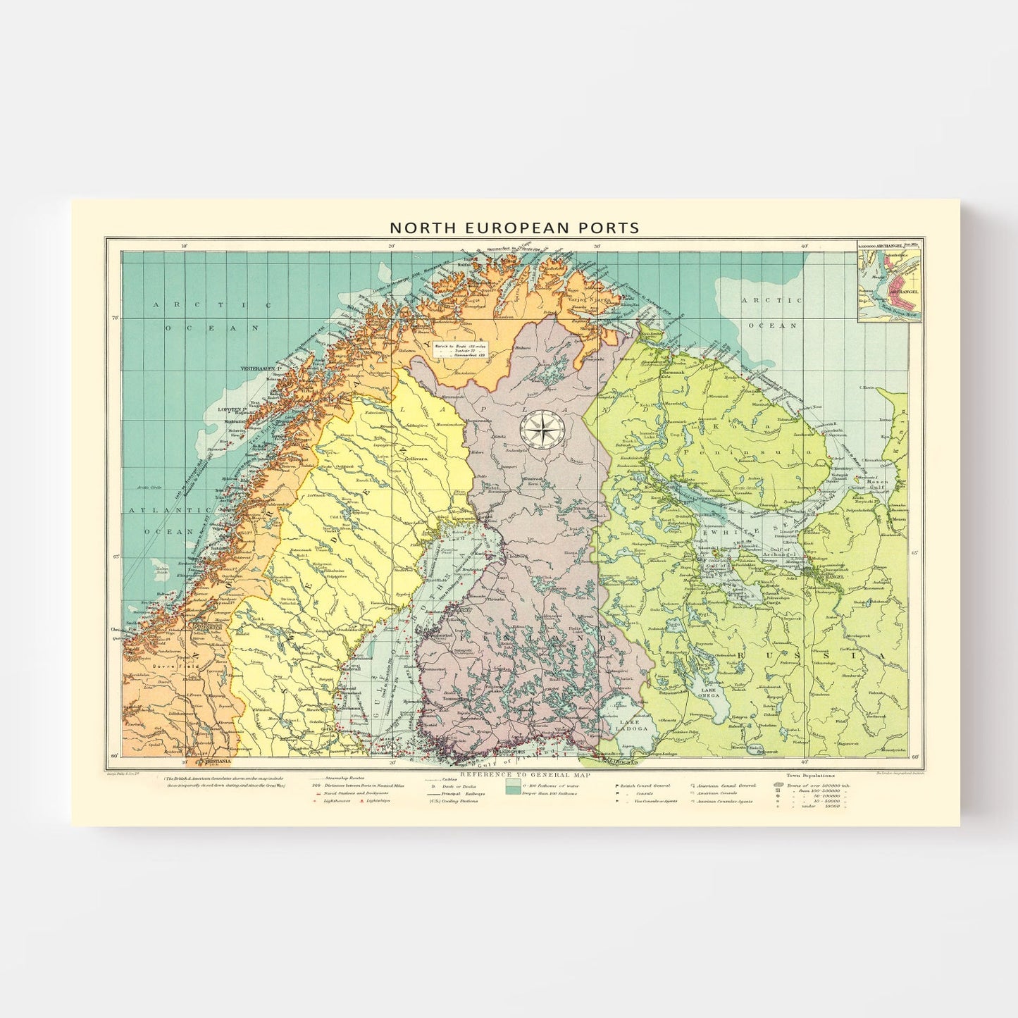 Vintage Map of Northern European Ports, Norway, 1922