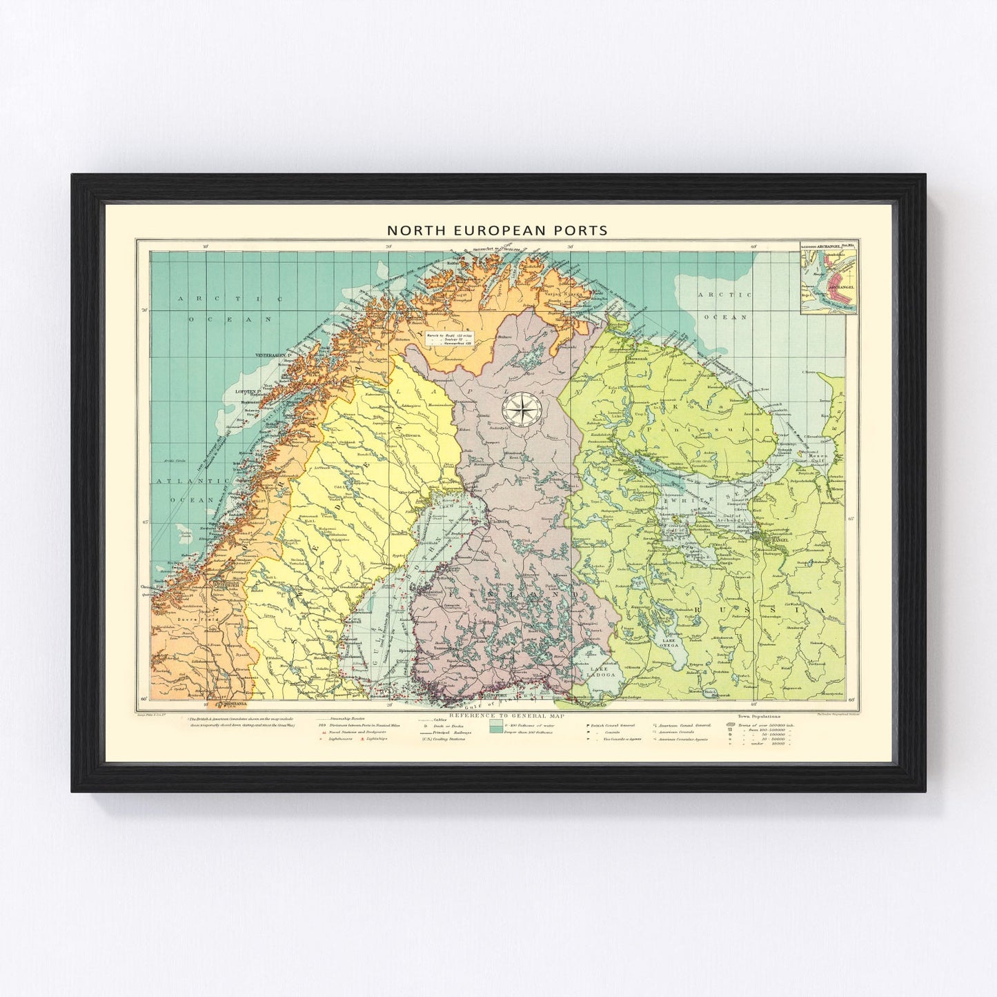 vintage map of Northern European ports, Norway, 1922