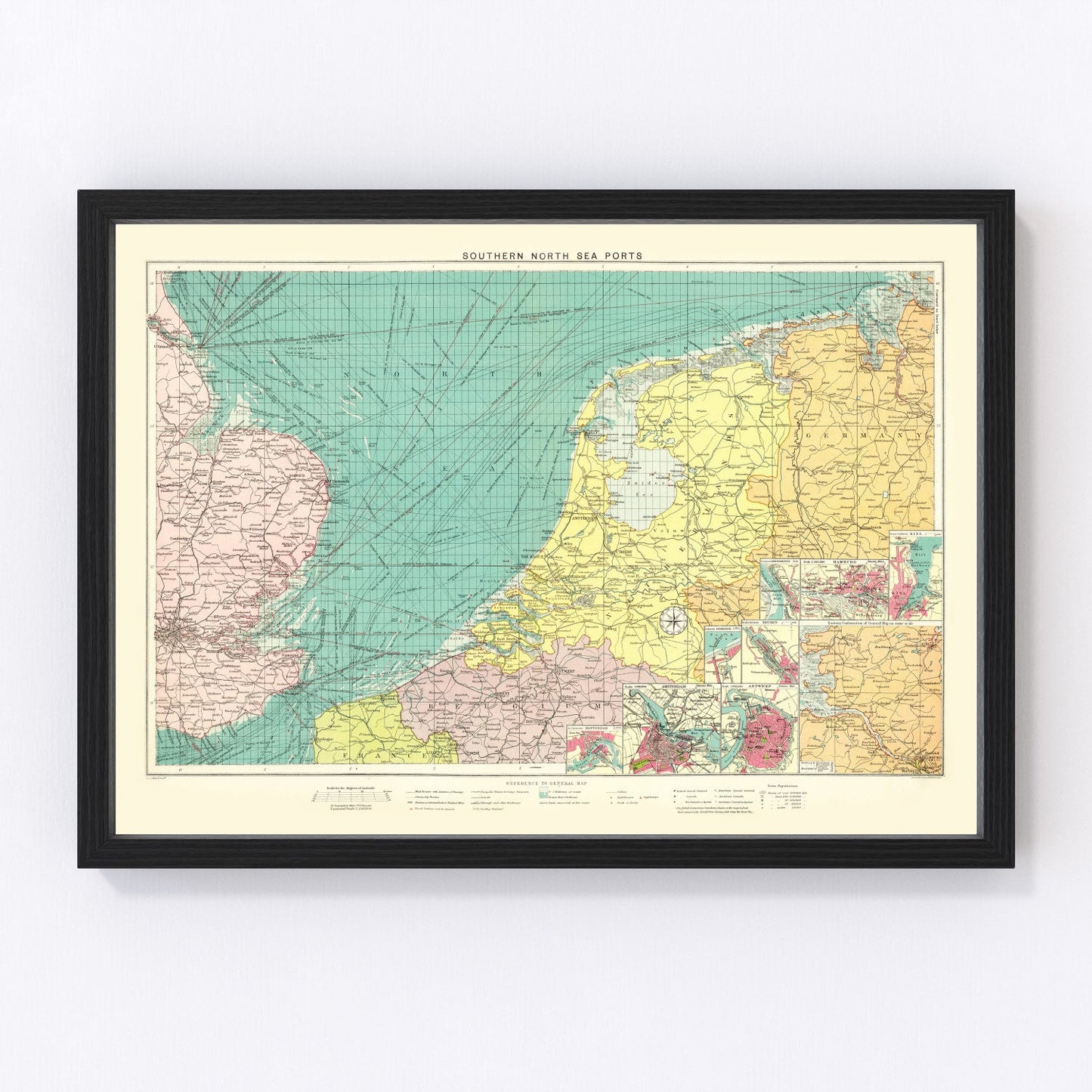 vintage map of southern North Sea ports, 1922