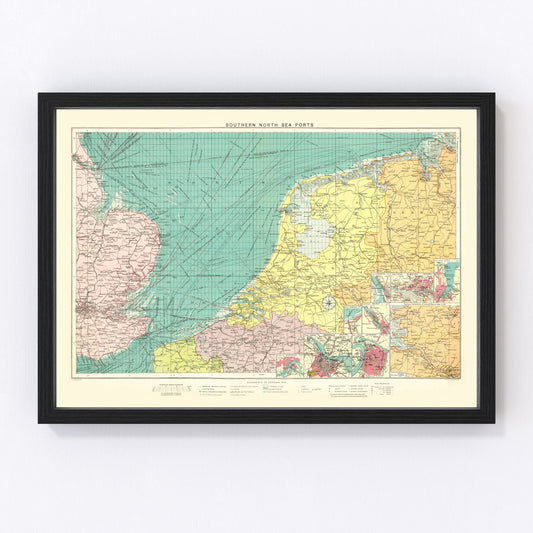 vintage map of southern North Sea ports, 1922