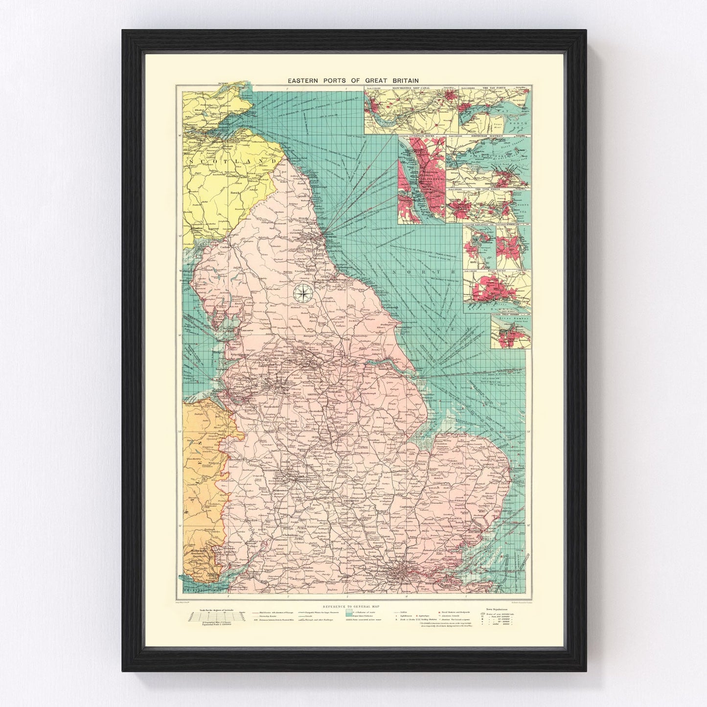 Vintage map of Eastern Great Britain ports, 1922