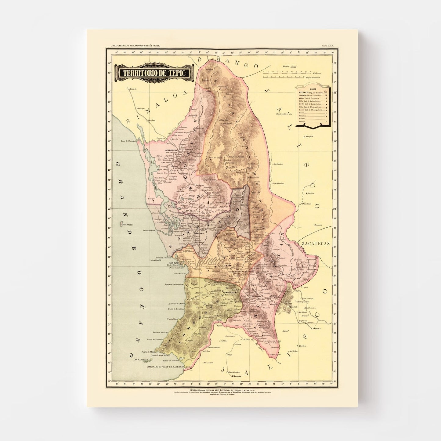 Vintage Map of Tepic, Mexico, 1886