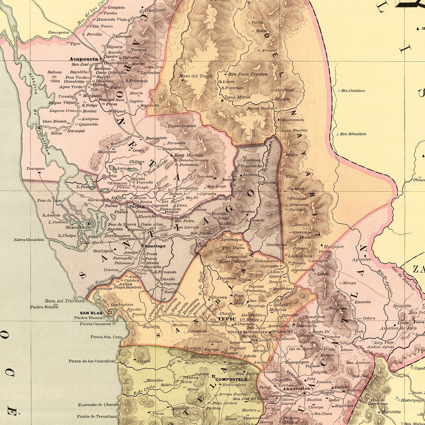 Vintage Map of Tepic, Mexico, 1886