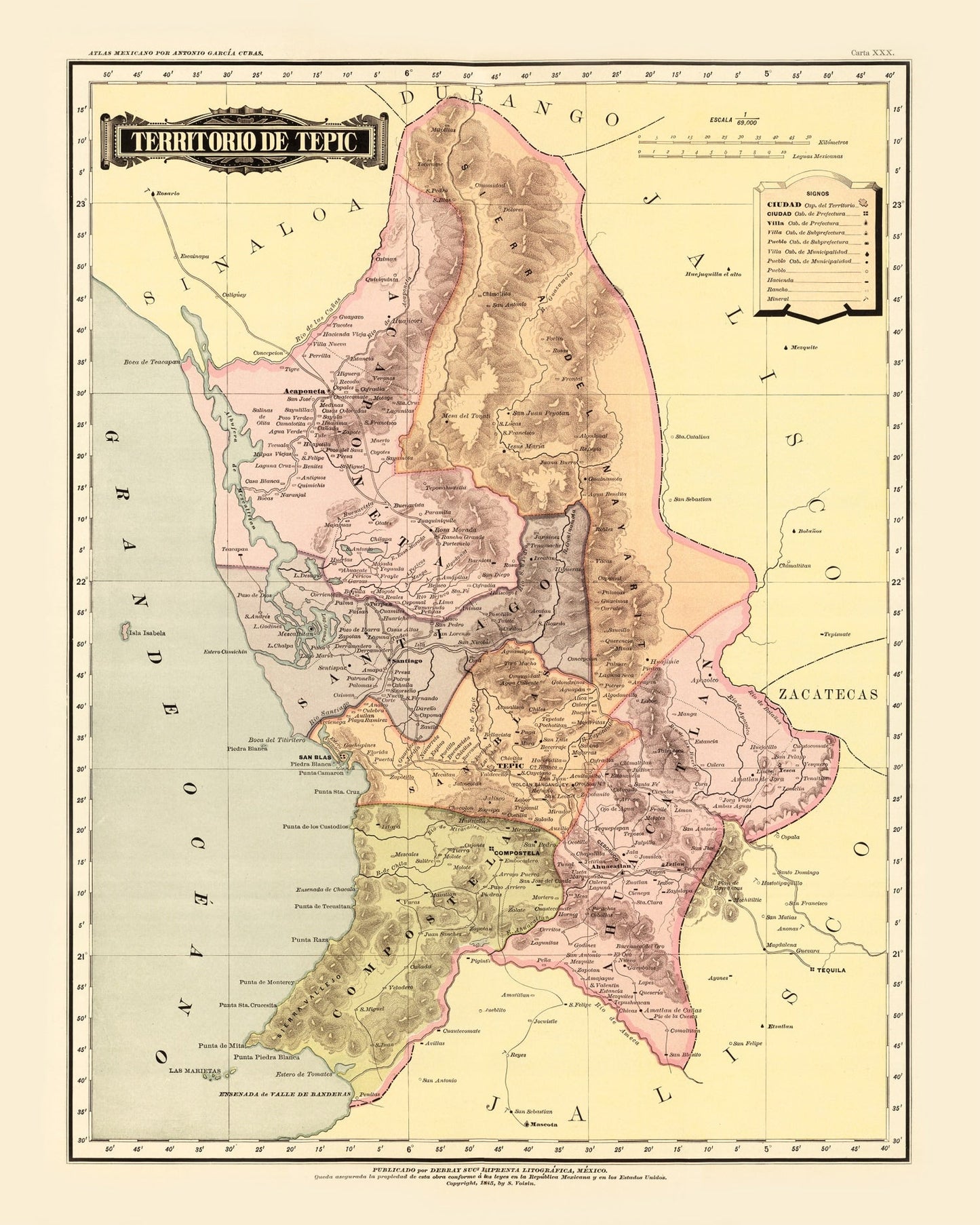 Vintage Map of Tepic, Mexico, 1886