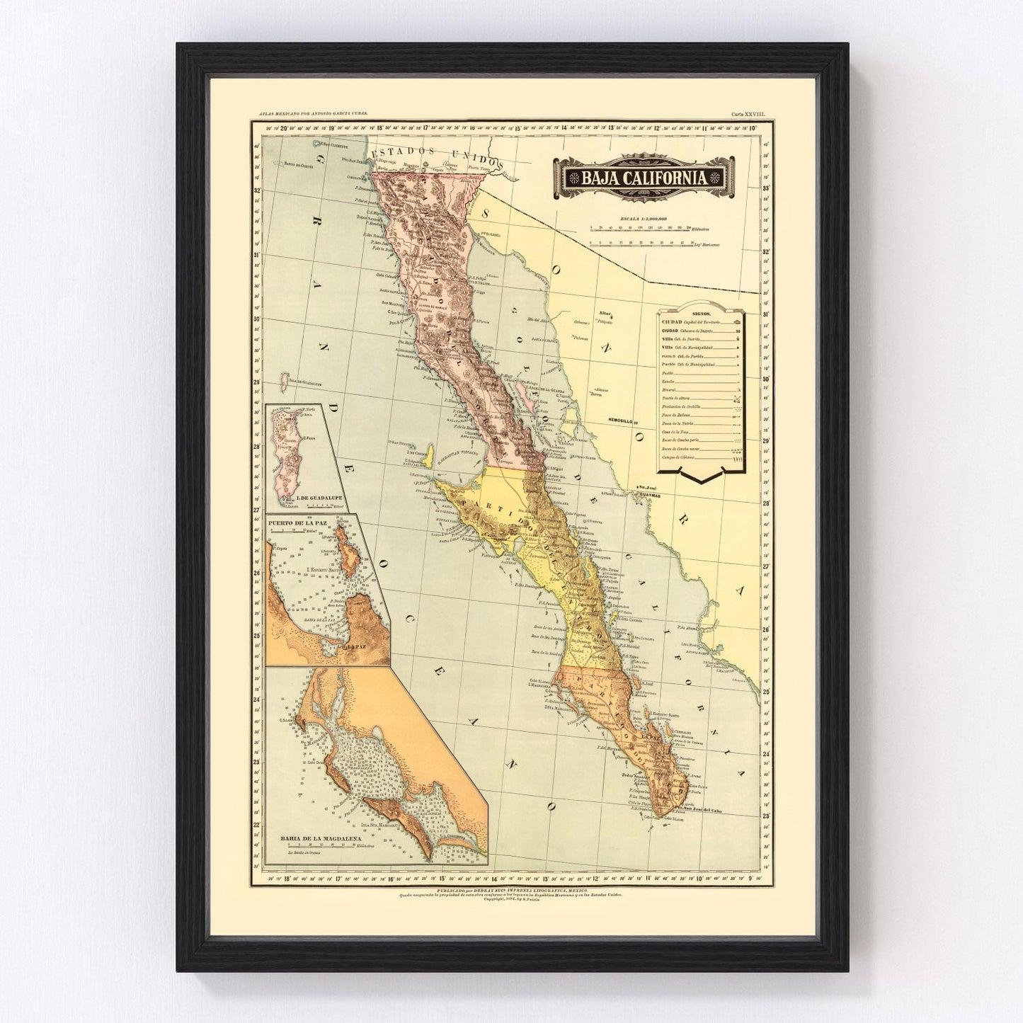 Vintage map of Baja California, 1886
