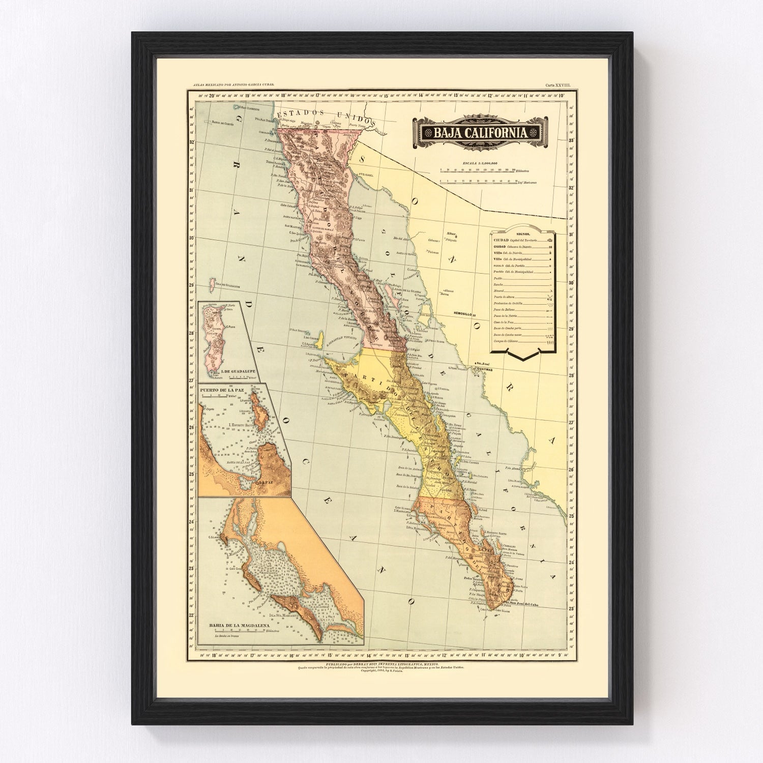 Vintage map of Baja California, 1886