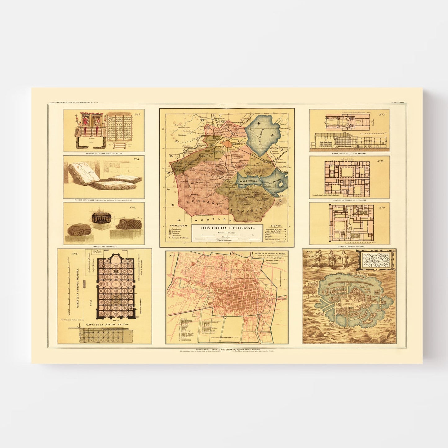 Vintage Map of Mexico City, Mexico, 1886
