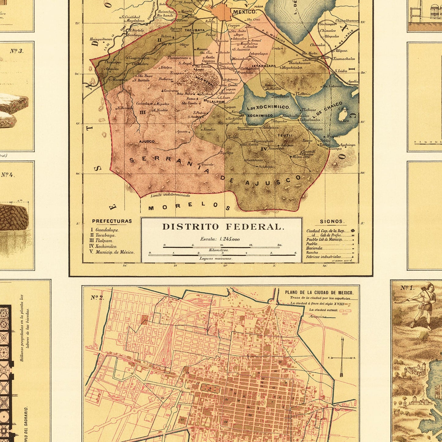Vintage Map of Mexico City, Mexico, 1886